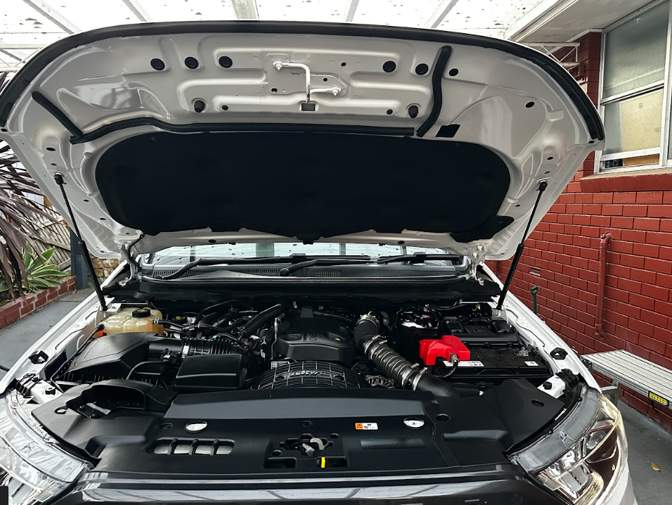 After — White vehicle engine bay before and after professional cleaning and dressing