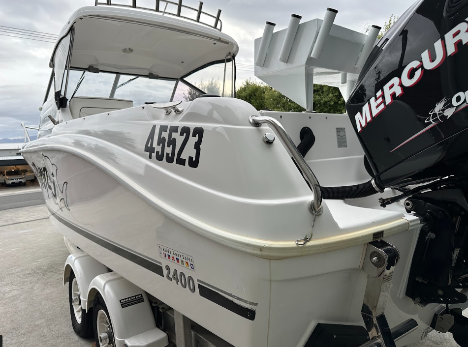Boat stern detailed and polished on its trailer