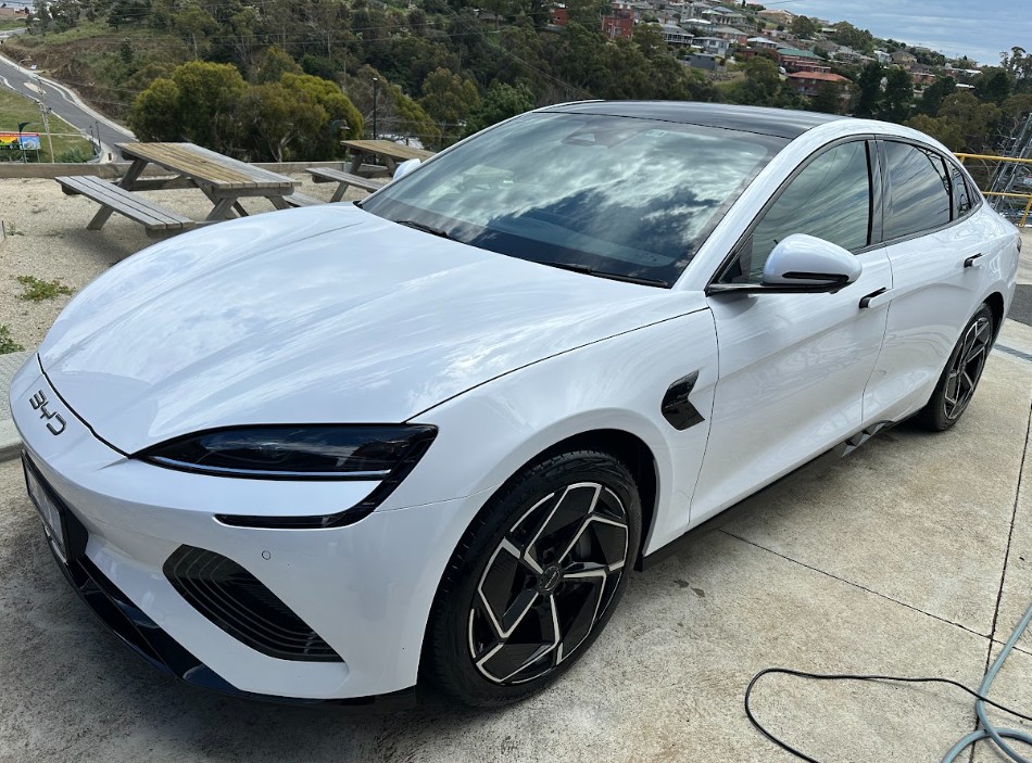 White BYD Seal electric sedan detailed in southern Tasmania